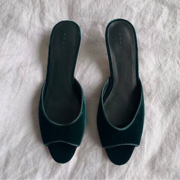 Doen Callie Velvet Peep Toe Mule Kitten Heels Shoes Evergreen Green - Picture 4 of 12